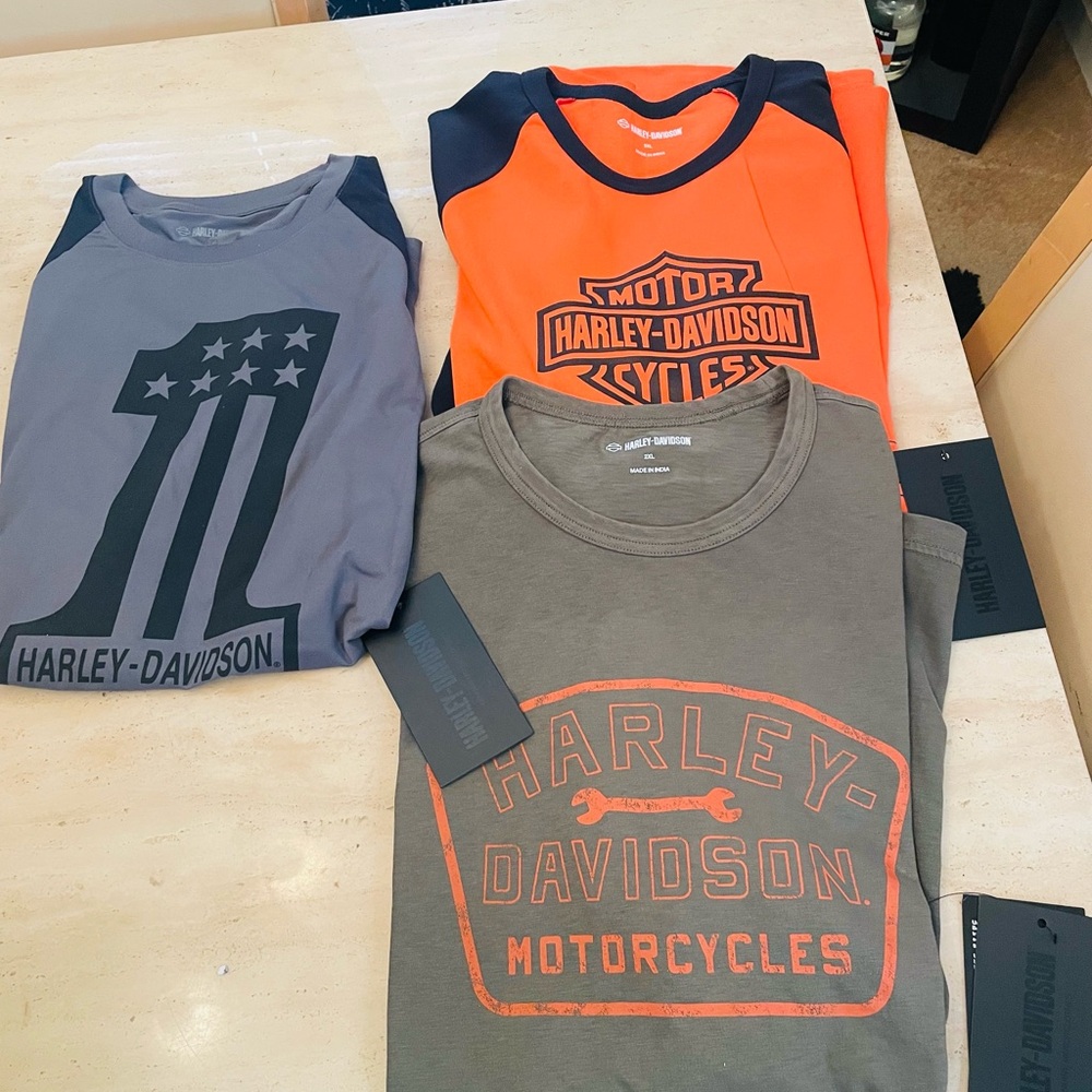(3) Harley-Davidson Graphic T-Shirts - Orange, Gray, Blue